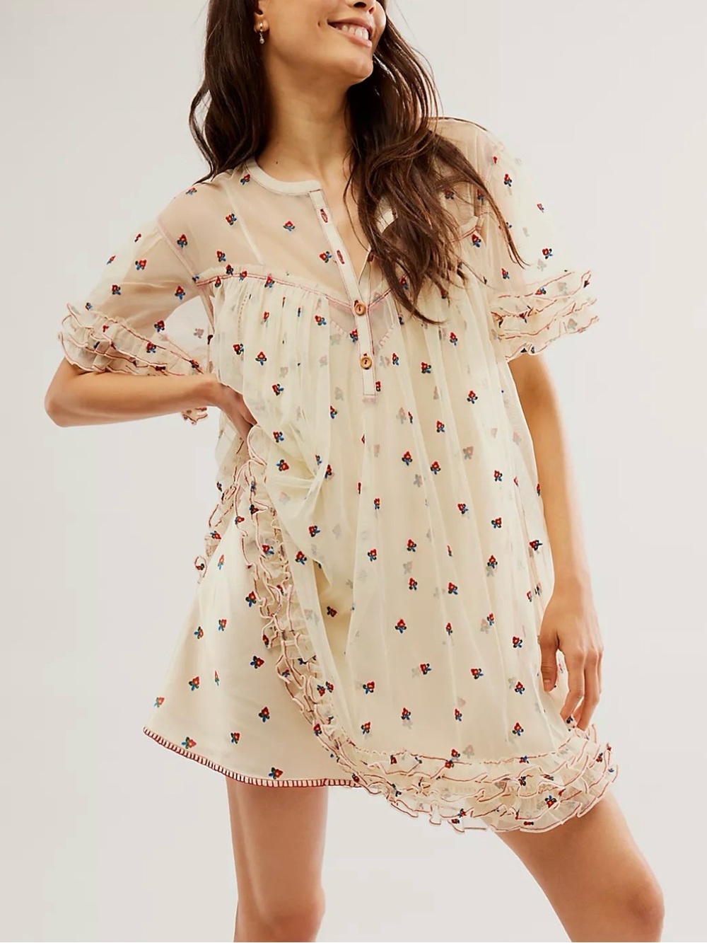 Free People Ivory Sheer Mesh Dress with Multicolor Floral Embroidery